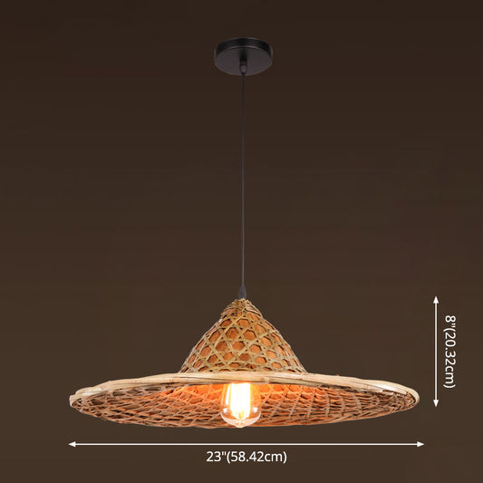 Asian Inspired Farmers Hat Pendant Bamboo Woven 1 Head Diner Ceiling Lamp in Wood Clearhalo 'Ceiling Lights' 'Pendant Lights' 'Pendants' Lighting' 2593698