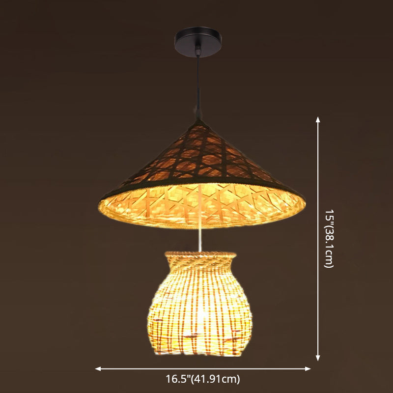 Asian Inspired Farmers Hat Pendant Bamboo Woven 1 Head Diner Ceiling Lamp in Wood Clearhalo 'Ceiling Lights' 'Pendant Lights' 'Pendants' Lighting' 2593702