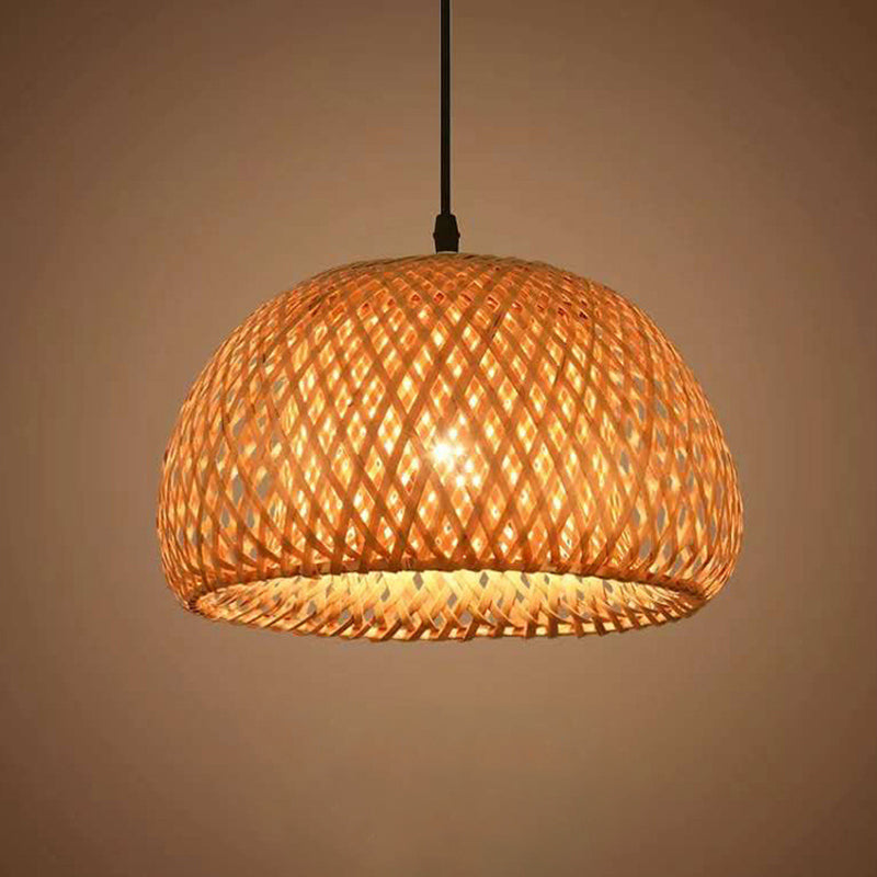 1-Bulb Bedside Drop Light Asian Wood Pendant Lighting Fixture with Round Bamboo Shade Wood Clearhalo 'Ceiling Lights' 'Pendant Lights' 'Pendants' Lighting' 2593704