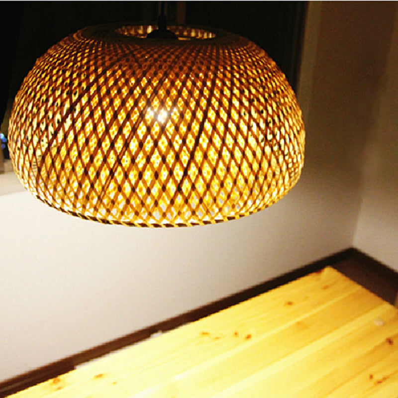 1-Bulb Bedside Drop Light Asian Wood Pendant Lighting Fixture with Round Bamboo Shade Clearhalo 'Ceiling Lights' 'Pendant Lights' 'Pendants' Lighting' 2593706