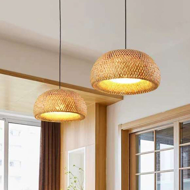 1-Bulb Bedside Drop Light Asian Wood Pendant Lighting Fixture with Round Bamboo Shade Clearhalo 'Ceiling Lights' 'Pendant Lights' 'Pendants' Lighting' 2593709