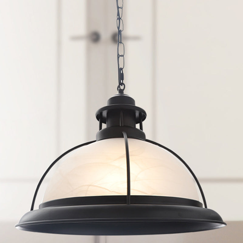 Bowl Caged Glass Suspension Light Fixture Vintage 1 Head Dining Room Hanging Light White Clearhalo 'Art Deco Pendants' 'Cast Iron' 'Ceiling Lights' 'Ceramic' 'Crystal' 'Industrial Pendants' 'Industrial' 'Metal' 'Middle Century Pendants' 'Pendant Lights' 'Pendants' 'Tiffany' Lighting' 2593868