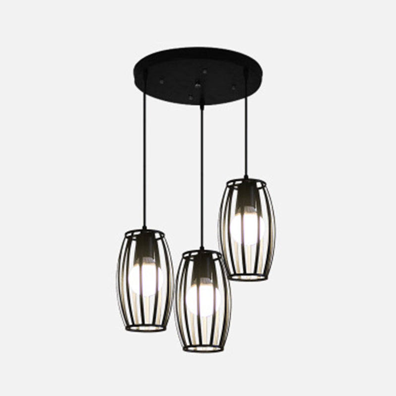 Black Barrel Shaped Hanging Lighting Industrial Bistro Cage Suspension Pendant Lamp 3 Black Round Clearhalo 'Art Deco Pendants' 'Black' 'Cast Iron' 'Ceiling Lights' 'Ceramic' 'Crystal' 'Industrial Pendants' 'Industrial' 'Metal' 'Middle Century Pendants' 'Pendant Lights' 'Pendants' 'Rustic Pendants' 'Tiffany' Lighting' 2593891