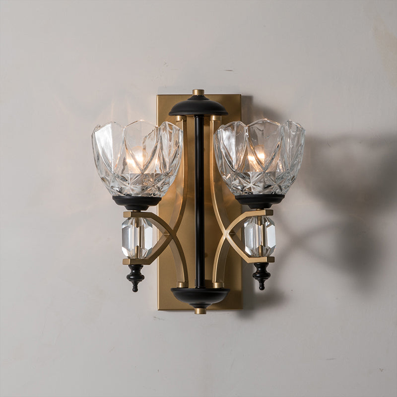 Clear Crystal Bowl Wall Light Sconce Vintage 2 Lights Wall Mounted Lamp in Gold Finish Gold Clearhalo 'Modern wall lights' 'Modern' 'Wall Lamps & Sconces' 'Wall Lights' Lighting' 259412