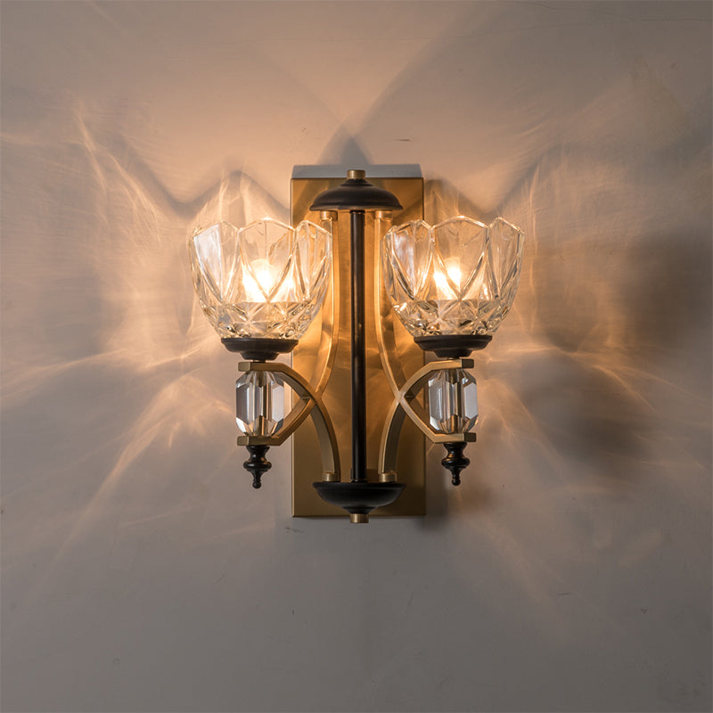 Clear Crystal Bowl Wall Light Sconce Vintage 2 Lights Wall Mounted Lamp in Gold Finish Clearhalo 'Modern wall lights' 'Modern' 'Wall Lamps & Sconces' 'Wall Lights' Lighting' 259413