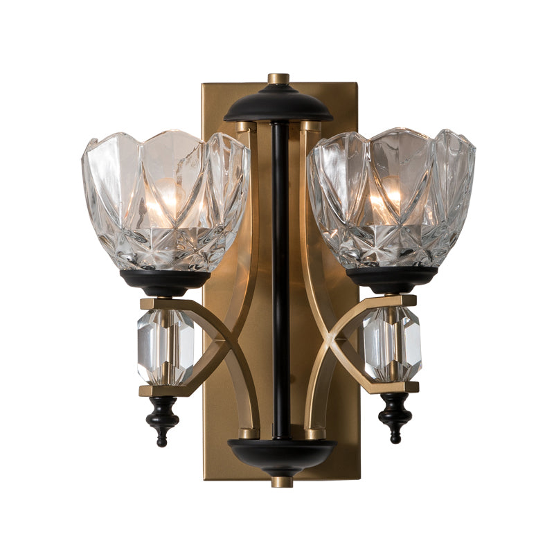 Clear Crystal Bowl Wall Light Sconce Vintage 2 Lights Wall Mounted Lamp in Gold Finish Clearhalo 'Modern wall lights' 'Modern' 'Wall Lamps & Sconces' 'Wall Lights' Lighting' 259414