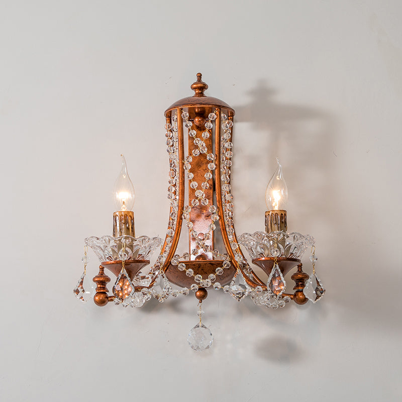 2 Heads Candle Wall Mount Light with Crystal Beaded Strand French Country Sconce Light in Weathered Copper Weathered Copper Clearhalo 'Wall Lamps & Sconces' 'Wall Lights' Lighting' 259417