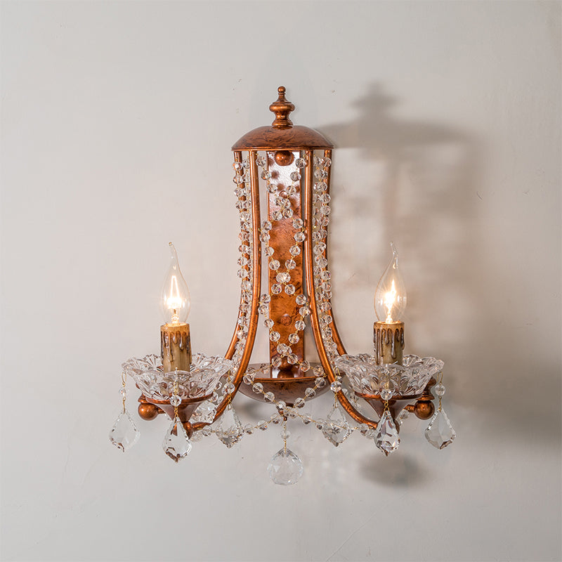 2 Heads Candle Wall Mount Light with Crystal Beaded Strand French Country Sconce Light in Weathered Copper Clearhalo 'Wall Lamps & Sconces' 'Wall Lights' Lighting' 259418