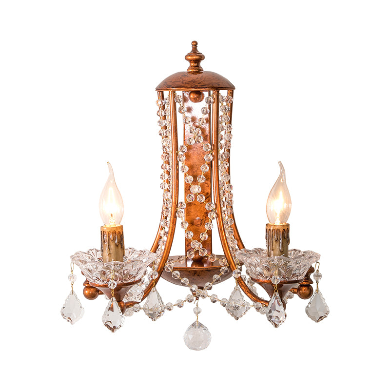 2 Heads Candle Wall Mount Light with Crystal Beaded Strand French Country Sconce Light in Weathered Copper Clearhalo 'Wall Lamps & Sconces' 'Wall Lights' Lighting' 259419