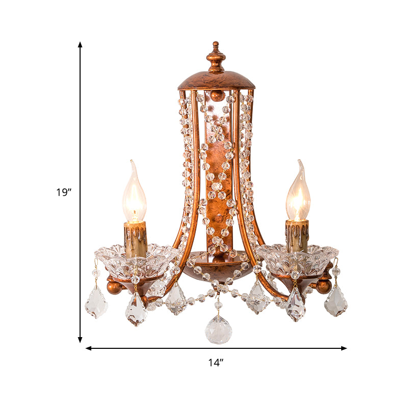 2 Heads Candle Wall Mount Light with Crystal Beaded Strand French Country Sconce Light in Weathered Copper Clearhalo 'Wall Lamps & Sconces' 'Wall Lights' Lighting' 259420