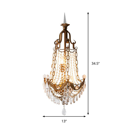 Beaded Sconce Light Fixture with Clear Crystal Decoration Vintage 3 Lights Wall Lighting Fixture in Antique Brass Clearhalo 'Wall Lamps & Sconces' 'Wall Lights' Lighting' 259427