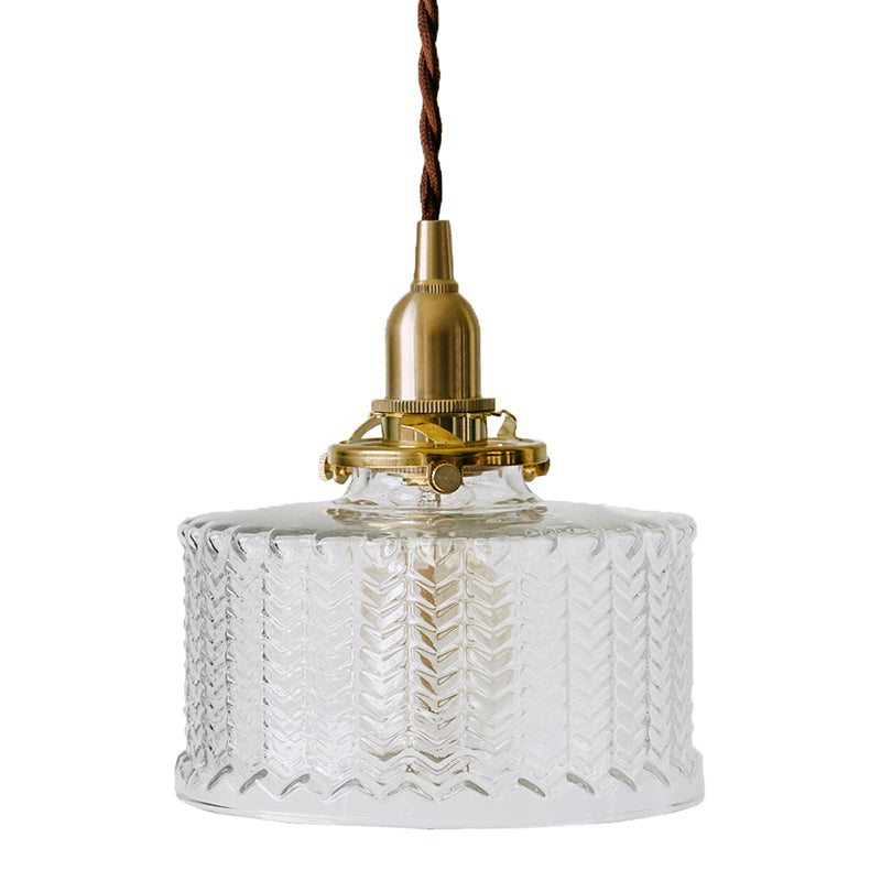 Fish-bone Texture Glass Hanging Light Brass Drum Shade Pendant Lamp for Bedroom Dining Room Brass Clearhalo 'Ceiling Lights' 'Pendant Lights' 'Pendants' Lighting' 2594287