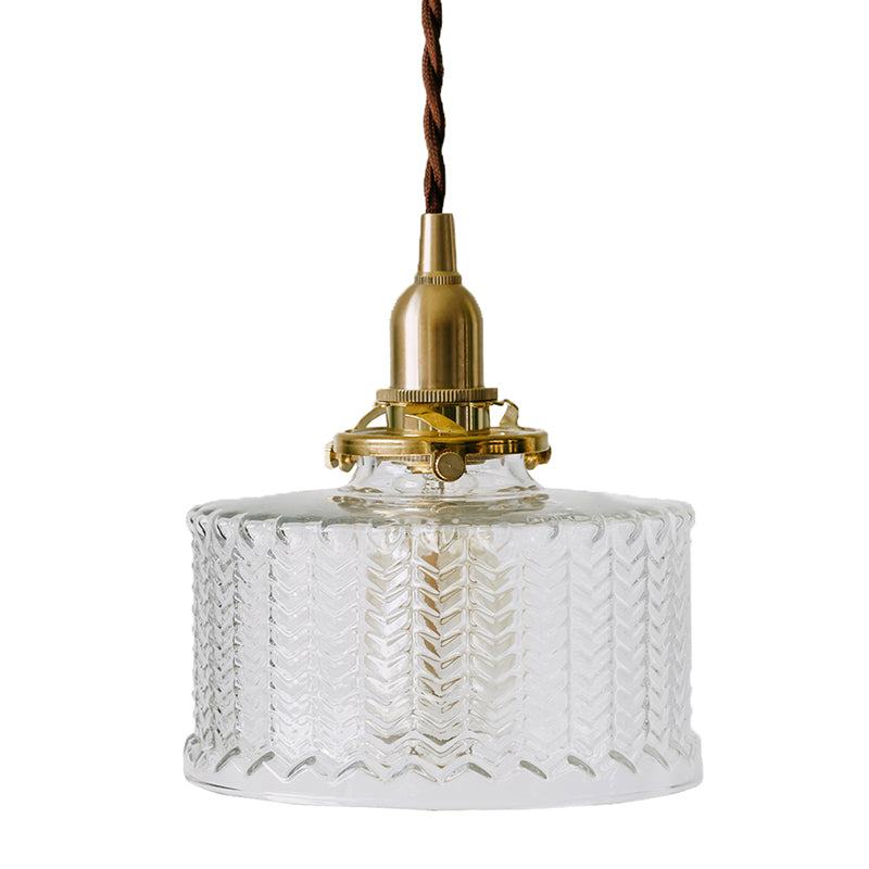 Fish-bone Texture Glass Hanging Light Brass Drum Shade Pendant Lamp for Bedroom Dining Room Clearhalo 'Ceiling Lights' 'Pendant Lights' 'Pendants' Lighting' 2594291