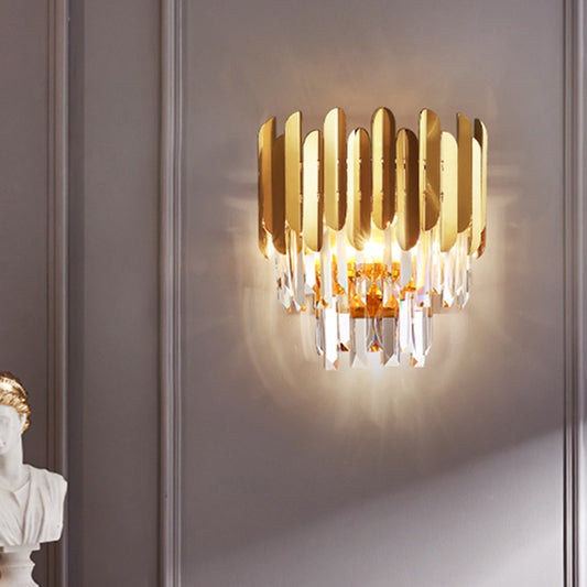 Faceted Crystal Wall Lamp with Sheet Metal Modern 3 Lights Flush Wall Sconce in Gold for Corridor Gold Clearhalo 'Modern wall lights' 'Modern' 'Wall Lamps & Sconces' 'Wall Lights' Lighting' 259429