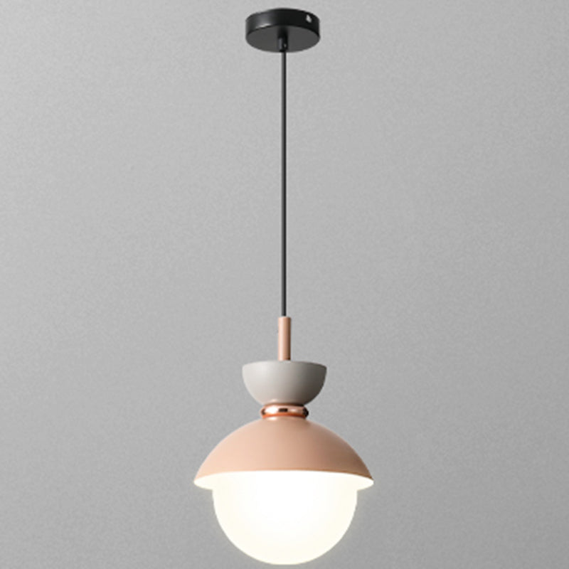 Nordic Macaroon Style Hanging Light 1 Light Frosted Metal Milk White Glass Shade Pendant Lamp for Dining Room Bedroom Pink 5" Clearhalo 'Ceiling Lights' 'Modern Pendants' 'Modern' 'Pendant Lights' 'Pendants' Lighting' 2594309