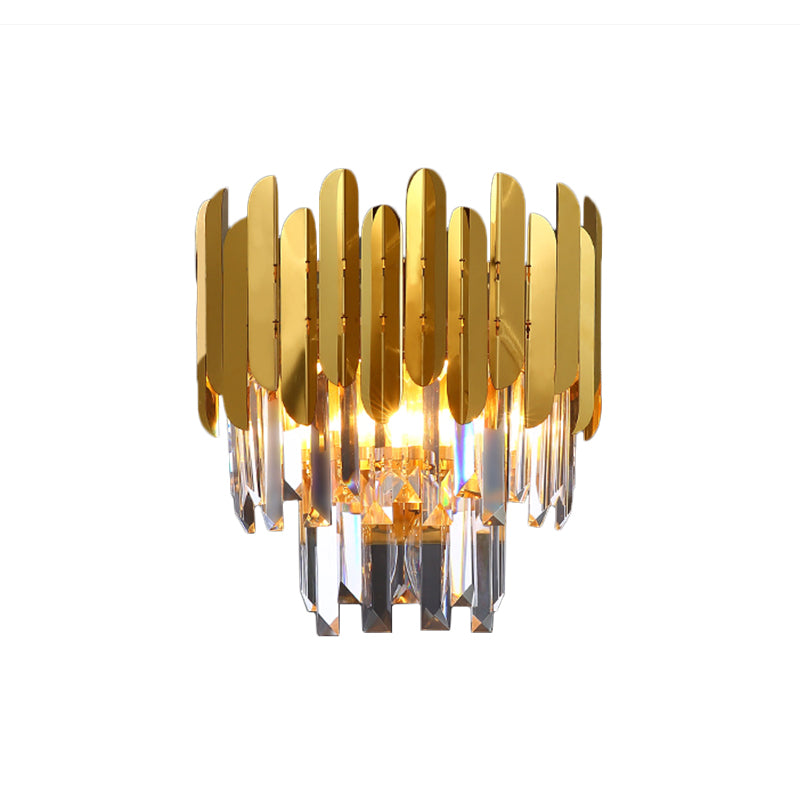 Faceted Crystal Wall Lamp with Sheet Metal Modern 3 Lights Flush Wall Sconce in Gold for Corridor Clearhalo 'Modern wall lights' 'Modern' 'Wall Lamps & Sconces' 'Wall Lights' Lighting' 259431