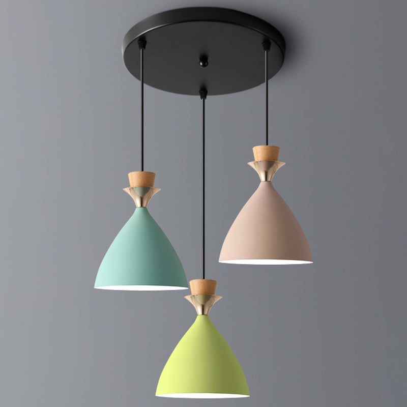 Macaroon 3-Light Cluster Pendant Green-Pink-Yellow Cone Metal Shade Hanging Light with 59" Adjustable Hanging Wire Green-Yellow-Pink Round Clearhalo 'Ceiling Lights' 'Modern Pendants' 'Modern' 'Pendant Lights' 'Pendants' Lighting' 2594345