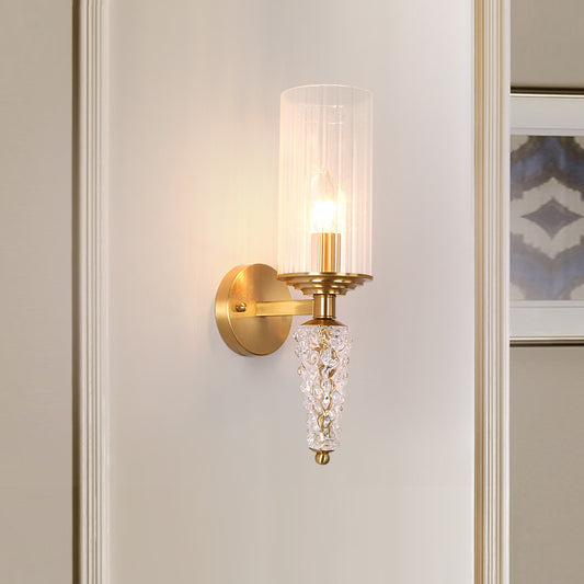 Cylindrical Clear Glass Shade Wall Mounted Lighting Vintage 1 Bulb Wall Lighting Fixture in Brass for Bedside Brass Clearhalo 'Modern wall lights' 'Modern' 'Wall Lamps & Sconces' 'Wall Lights' Lighting' 259447