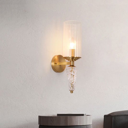 Cylindrical Clear Glass Shade Wall Mounted Lighting Vintage 1 Bulb Wall Lighting Fixture in Brass for Bedside Clearhalo 'Modern wall lights' 'Modern' 'Wall Lamps & Sconces' 'Wall Lights' Lighting' 259449