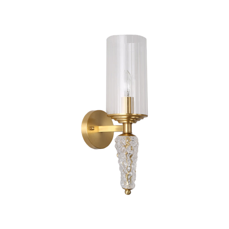 Cylindrical Clear Glass Shade Wall Mounted Lighting Vintage 1 Bulb Wall Lighting Fixture in Brass for Bedside Clearhalo 'Modern wall lights' 'Modern' 'Wall Lamps & Sconces' 'Wall Lights' Lighting' 259451