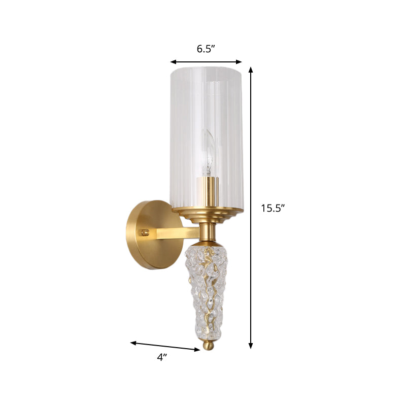 Cylindrical Clear Glass Shade Wall Mounted Lighting Vintage 1 Bulb Wall Lighting Fixture in Brass for Bedside Clearhalo 'Modern wall lights' 'Modern' 'Wall Lamps & Sconces' 'Wall Lights' Lighting' 259452