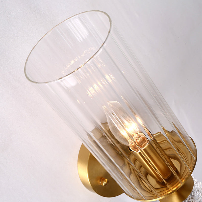 Cylindrical Clear Glass Shade Wall Mounted Lighting Vintage 1 Bulb Wall Lighting Fixture in Brass for Bedside Clearhalo 'Modern wall lights' 'Modern' 'Wall Lamps & Sconces' 'Wall Lights' Lighting' 259453