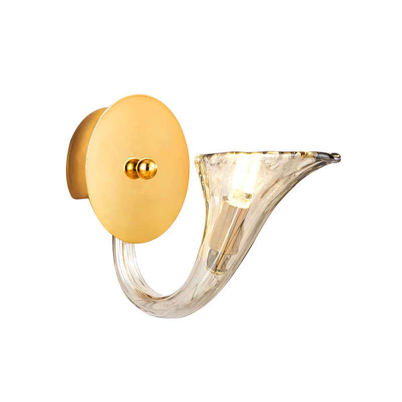 Curved Arm Clear Glass Sconce Light Fixture Contemporary 1 Light Wall Sconce in Gold Finish for Corridor Clearhalo 'Modern wall lights' 'Modern' 'Wall Lamps & Sconces' 'Wall Lights' Lighting' 259457