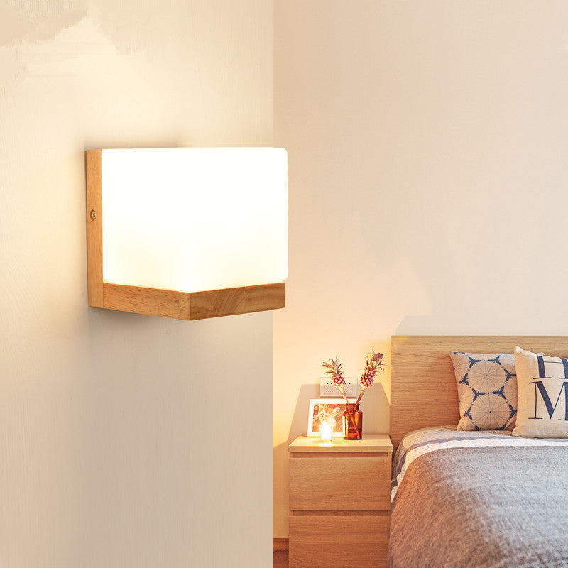 Modern Style Nordic Solid Wooden Sconce Cube Shape LED Wall Mounted Lamp for Bedroom Clearhalo 'Wall Lamps & Sconces' 'Wall Lights' Lighting' 2594725