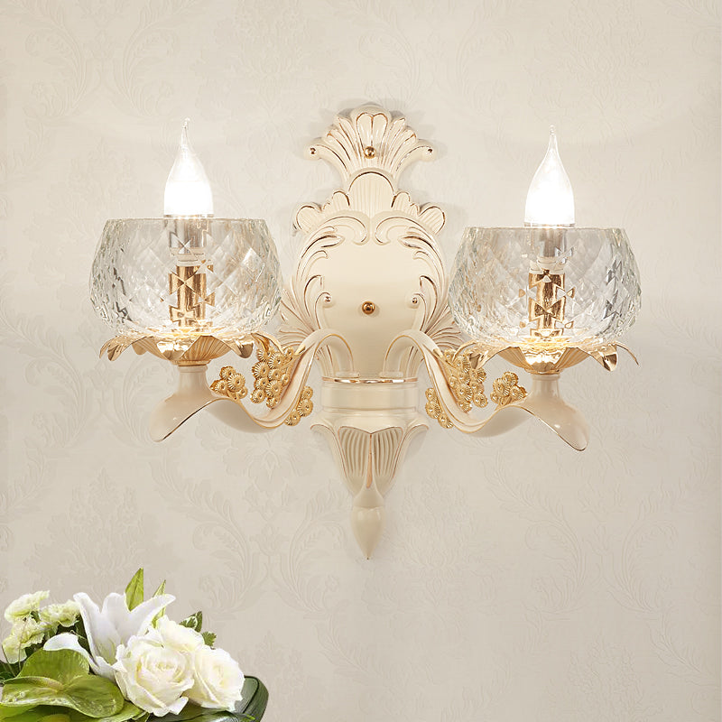 Carved Arm Wall Light Sconce with Clear Glass Bowl Lampshade Vintage 1/2 Bulbs Wall Mount Light in White 2.0 White Clearhalo 'Modern wall lights' 'Modern' 'Wall Lamps & Sconces' 'Wall Lights' Lighting' 259484