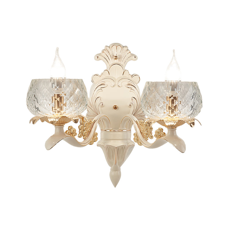 Carved Arm Wall Light Sconce with Clear Glass Bowl Lampshade Vintage 1/2 Bulbs Wall Mount Light in White Clearhalo 'Modern wall lights' 'Modern' 'Wall Lamps & Sconces' 'Wall Lights' Lighting' 259486