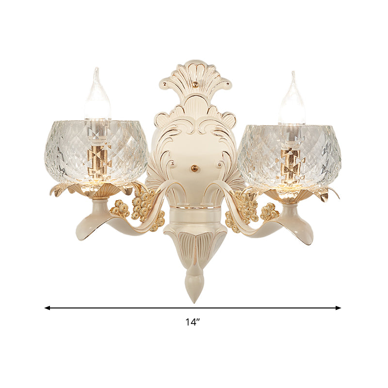 Carved Arm Wall Light Sconce with Clear Glass Bowl Lampshade Vintage 1/2 Bulbs Wall Mount Light in White Clearhalo 'Modern wall lights' 'Modern' 'Wall Lamps & Sconces' 'Wall Lights' Lighting' 259487