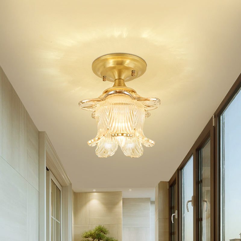 Clear Crystal Floral Ceiling Lamp Modernist 1 Light Balcony Ceiling Light Fixture in Brass Finish Brass A Clearhalo 'Ceiling Lights' 'Close To Ceiling Lights' 'Close to ceiling' 'Semi-flushmount' Lighting' 259488