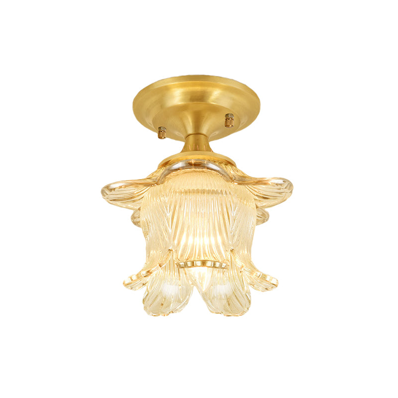 Clear Crystal Floral Ceiling Lamp Modernist 1 Light Balcony Ceiling Light Fixture in Brass Finish Clearhalo 'Ceiling Lights' 'Close To Ceiling Lights' 'Close to ceiling' 'Semi-flushmount' Lighting' 259490