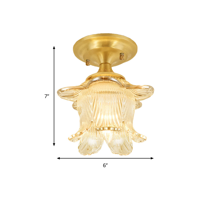 Clear Crystal Floral Ceiling Lamp Modernist 1 Light Balcony Ceiling Light Fixture in Brass Finish Clearhalo 'Ceiling Lights' 'Close To Ceiling Lights' 'Close to ceiling' 'Semi-flushmount' Lighting' 259491