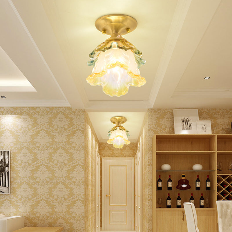 Clear Crystal Floral Ceiling Lamp Modernist 1 Light Balcony Ceiling Light Fixture in Brass Finish Clearhalo 'Ceiling Lights' 'Close To Ceiling Lights' 'Close to ceiling' 'Semi-flushmount' Lighting' 259493