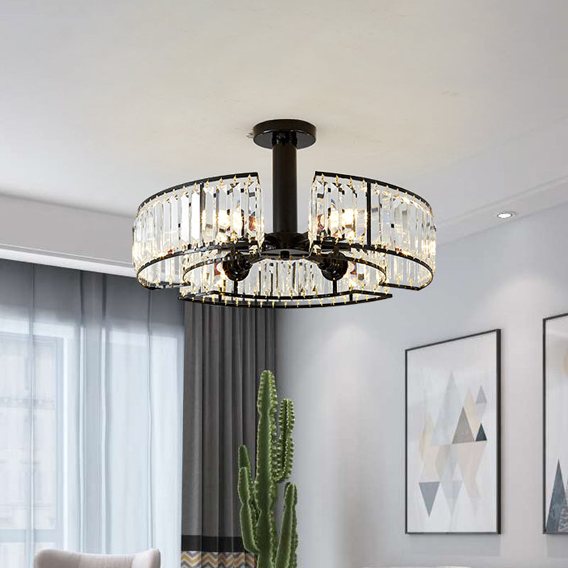 Crystal Block Drum Shade Semi Mount Lighting Vintage 6 Heads Close to Ceiling Lighting in Black Clearhalo 'Ceiling Lights' 'Close To Ceiling Lights' 'Close to ceiling' 'Semi-flushmount' Lighting' 259498