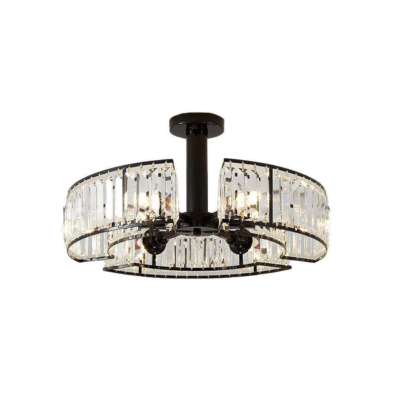 Crystal Block Drum Shade Semi Mount Lighting Vintage 6 Heads Close to Ceiling Lighting in Black Clearhalo 'Ceiling Lights' 'Close To Ceiling Lights' 'Close to ceiling' 'Semi-flushmount' Lighting' 259499