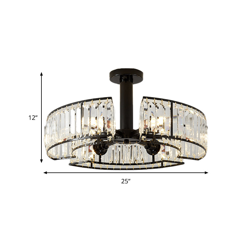 Crystal Block Drum Shade Semi Mount Lighting Vintage 6 Heads Close to Ceiling Lighting in Black Clearhalo 'Ceiling Lights' 'Close To Ceiling Lights' 'Close to ceiling' 'Semi-flushmount' Lighting' 259500