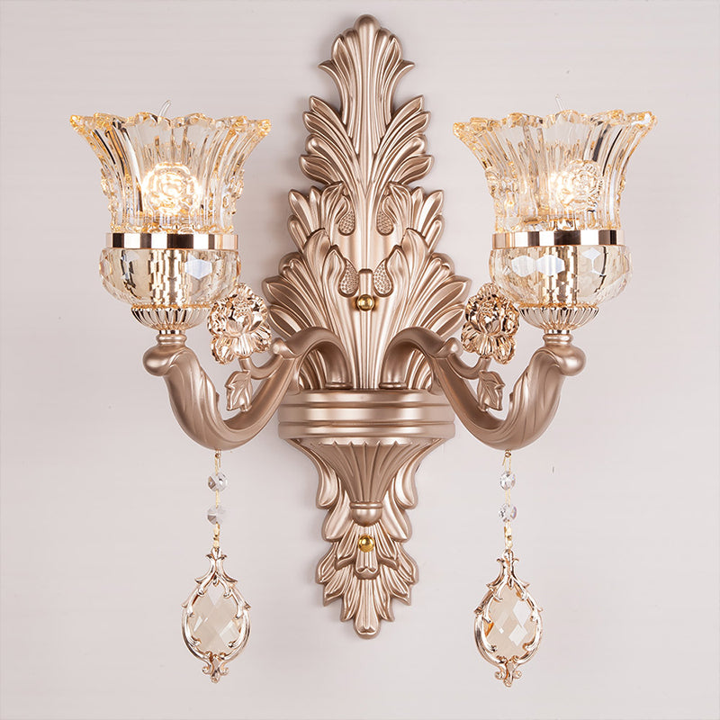 1/2 Heads Bell Wall Lighting with Clear Glass Shade and Crystal Decoration Vintage Gold Finish Sconce Light Fixture 2.0 Gold Clearhalo 'Wall Lamps & Sconces' 'Wall Lights' Lighting' 259539