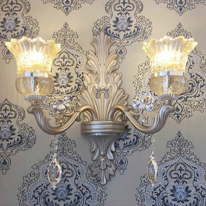 1/2 Heads Bell Wall Lighting with Clear Glass Shade and Crystal Decoration Vintage Gold Finish Sconce Light Fixture Clearhalo 'Wall Lamps & Sconces' 'Wall Lights' Lighting' 259540