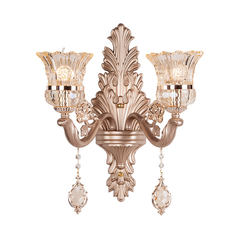 1/2 Heads Bell Wall Lighting with Clear Glass Shade and Crystal Decoration Vintage Gold Finish Sconce Light Fixture Clearhalo 'Wall Lamps & Sconces' 'Wall Lights' Lighting' 259541