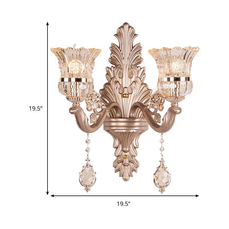 1/2 Heads Bell Wall Lighting with Clear Glass Shade and Crystal Decoration Vintage Gold Finish Sconce Light Fixture Clearhalo 'Wall Lamps & Sconces' 'Wall Lights' Lighting' 259542