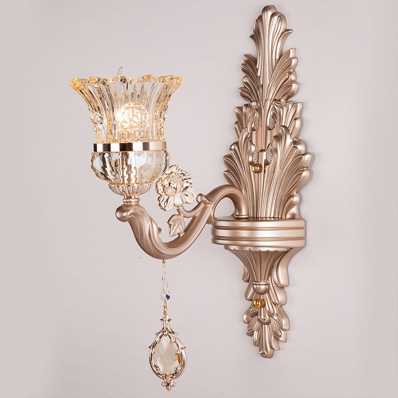 1/2 Heads Bell Wall Lighting with Clear Glass Shade and Crystal Decoration Vintage Gold Finish Sconce Light Fixture Clearhalo 'Wall Lamps & Sconces' 'Wall Lights' Lighting' 259543