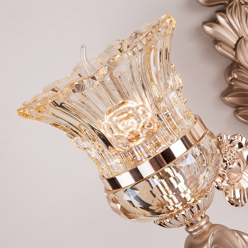 1/2 Heads Bell Wall Lighting with Clear Glass Shade and Crystal Decoration Vintage Gold Finish Sconce Light Fixture Clearhalo 'Wall Lamps & Sconces' 'Wall Lights' Lighting' 259547