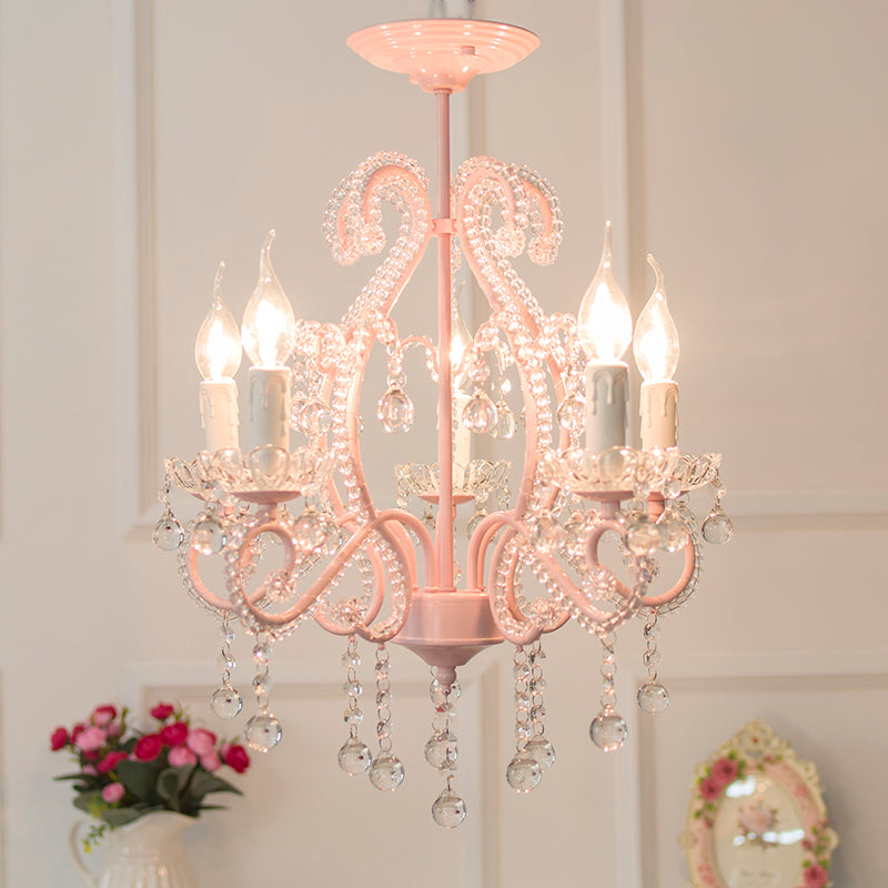 Geometric Chandelier Pendant Light with Crystal Bead Accent Macaron 5 Lights Ceiling Pendant Light in Pink Clearhalo 'Ceiling Lights' 'Chandeliers' Lighting' options 259549