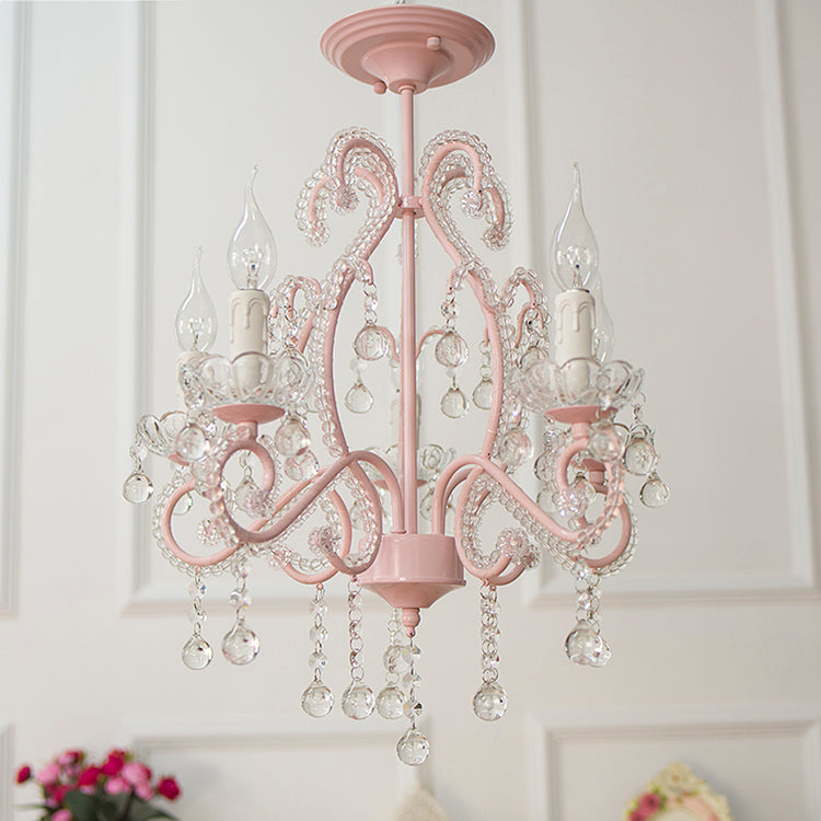 Geometric Chandelier Pendant Light with Crystal Bead Accent Macaron 5 Lights Ceiling Pendant Light in Pink Clearhalo 'Ceiling Lights' 'Chandeliers' Lighting' options 259550
