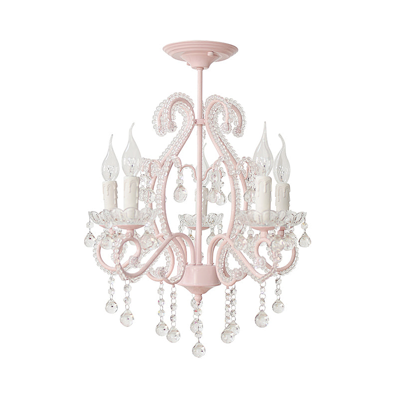 Geometric Chandelier Pendant Light with Crystal Bead Accent Macaron 5 Lights Ceiling Pendant Light in Pink Clearhalo 'Ceiling Lights' 'Chandeliers' Lighting' options 259551