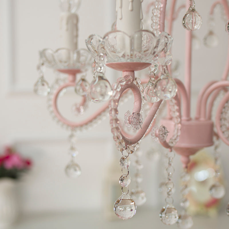 Geometric Chandelier Pendant Light with Crystal Bead Accent Macaron 5 Lights Ceiling Pendant Light in Pink Clearhalo 'Ceiling Lights' 'Chandeliers' Lighting' options 259553