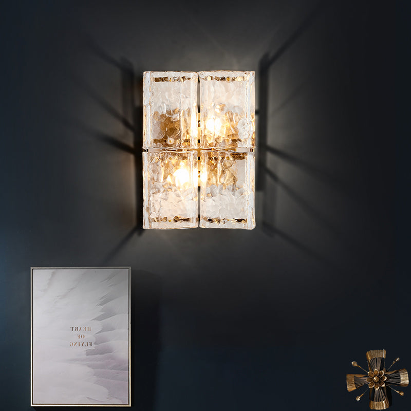 Rectangle Wall Sconce Light with Clear Water Glass Shade Modernist 2 Lights Wall Mount Light in Gold for Bedroom Gold Clearhalo 'Modern wall lights' 'Modern' 'Wall Lamps & Sconces' 'Wall Lights' Lighting' 259554