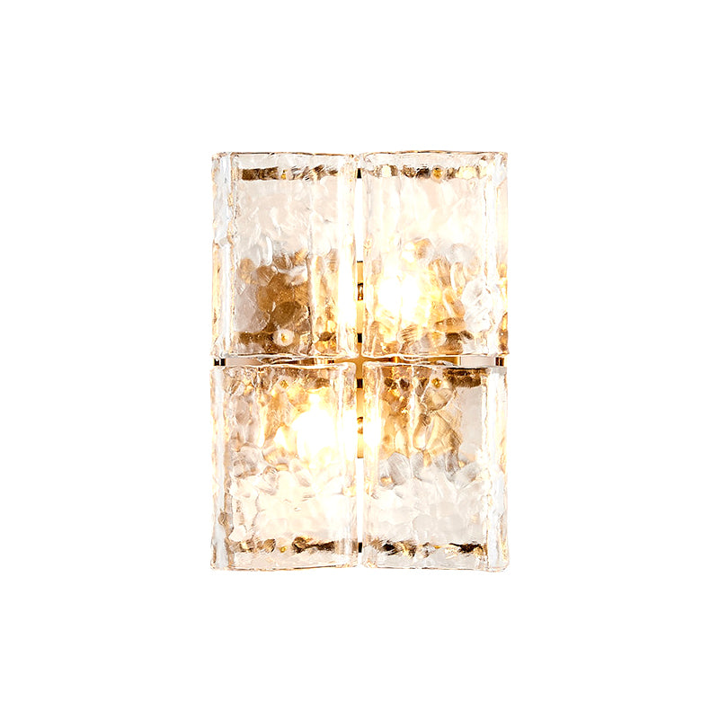 Rectangle Wall Sconce Light with Clear Water Glass Shade Modernist 2 Lights Wall Mount Light in Gold for Bedroom Clearhalo 'Modern wall lights' 'Modern' 'Wall Lamps & Sconces' 'Wall Lights' Lighting' 259558